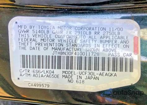 2001 Lexus Ls 430 z USA, uszkodzony, nr VIN JTHBN30F410011728